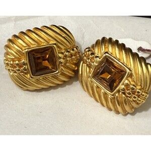 Vintage Goldtone Rope Twist Clip On Earrings Amber Glass Preppy LUXE Glam